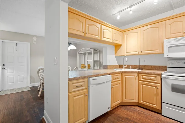 The kitchen wraps around the corner with plentiful cabinetry and counter space, a corner sink, track lighting, and an open pass-through that keeps it connected to the dining area.