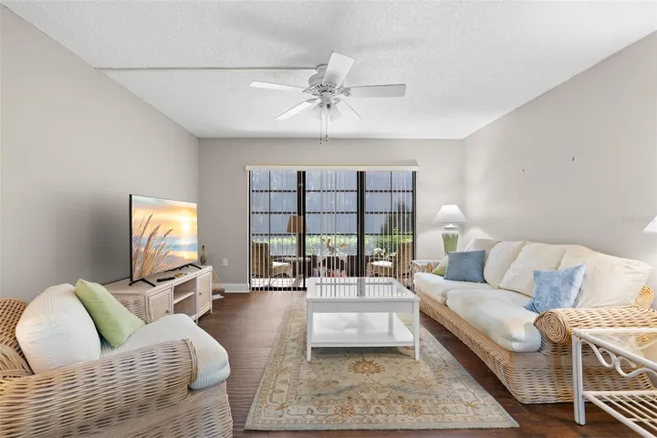 The living room is comfortably proportioned, with a wide bank of sliders extending the view toward the screened lanai and creating an easy indoor-outdoor connection.