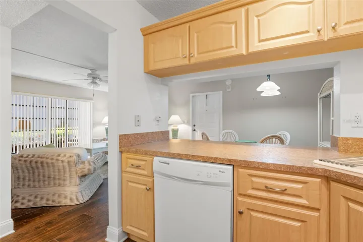 The kitchen’s wide pass-through doubles as a breakfast bar, with warm wood cabinetry, generous counter space, and a dishwasher positioned conveniently beneath.
