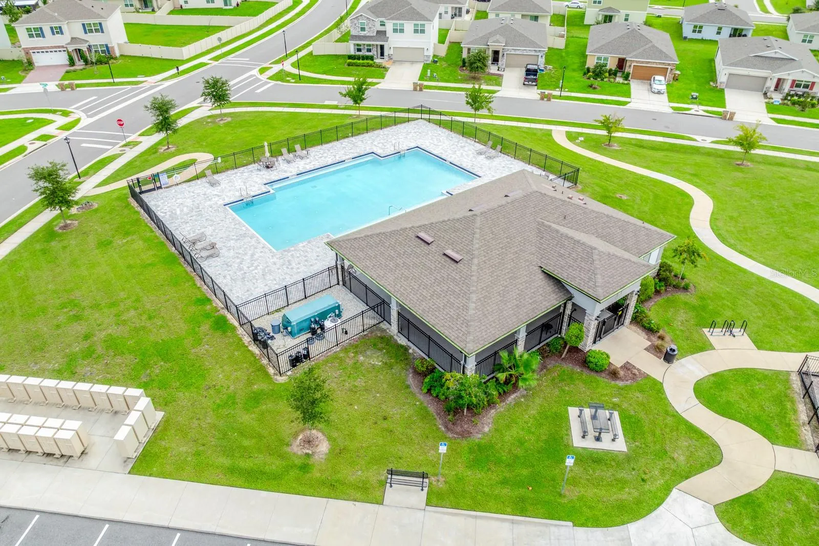 Aerial view of the Clubhouse and pool.