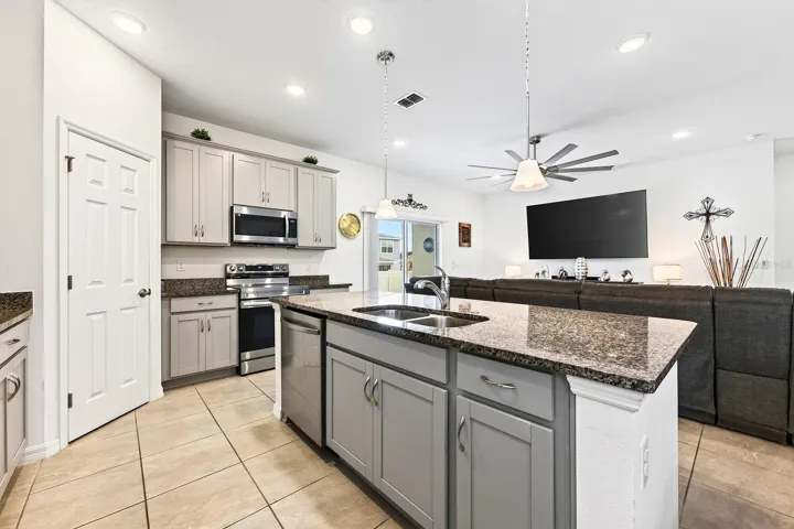 The center island offers extra prep space and has room for counter-height seating.