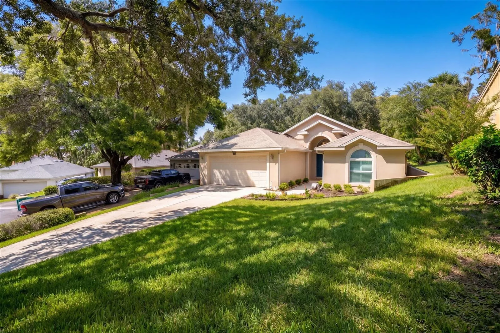 The front elevation is framed by mature landscaping and a broad shade tree.