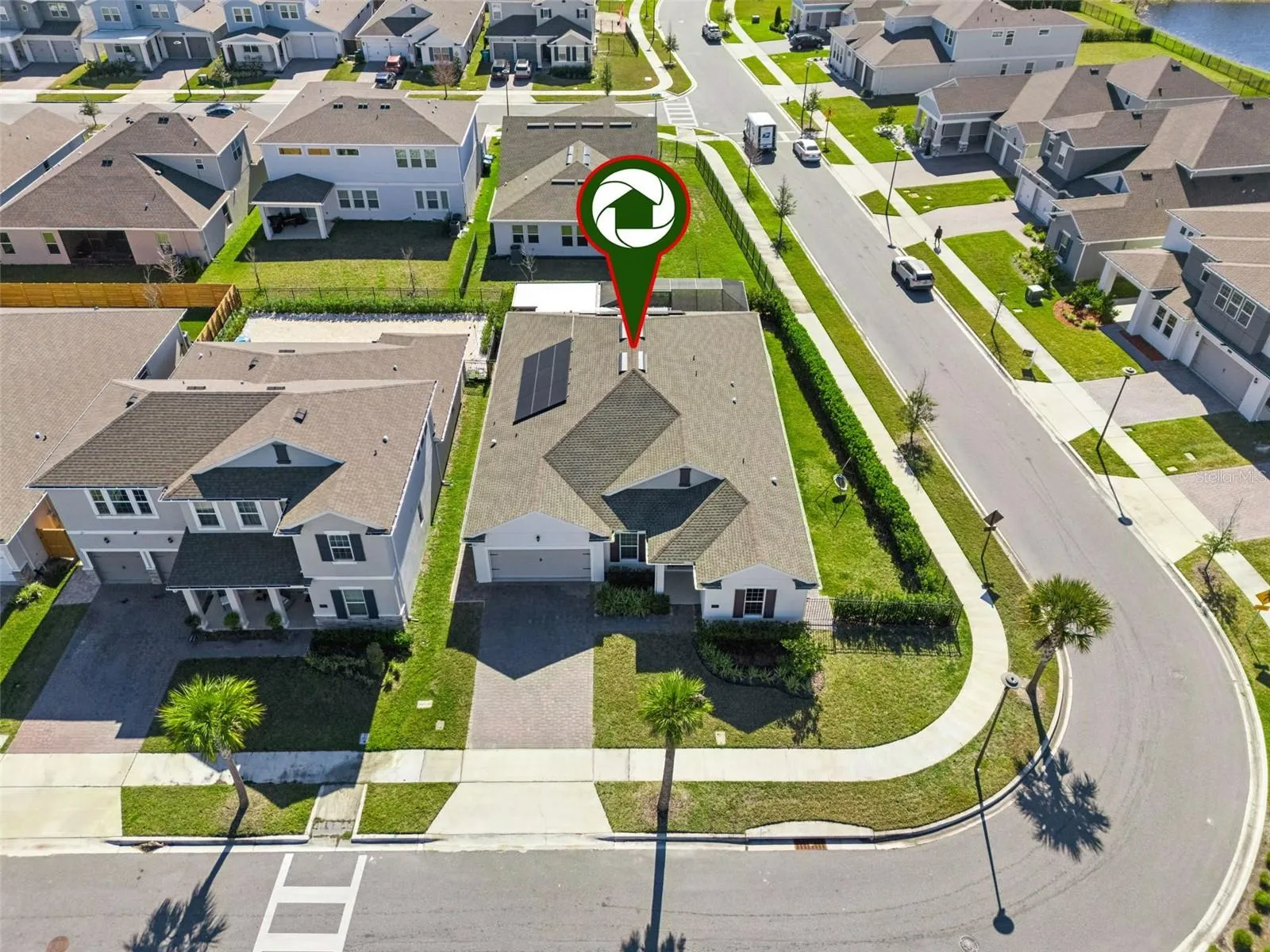Aerial neighborhood view highlighting the home’s location within the community.