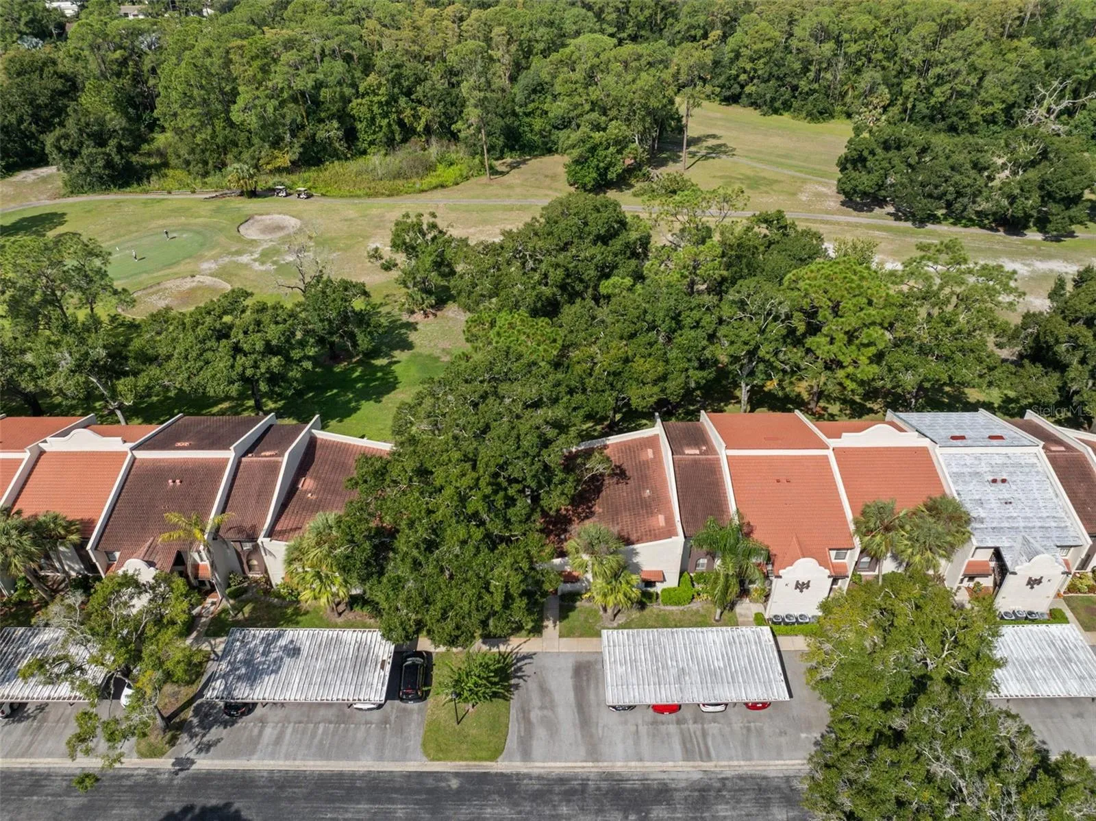 Villa-style condos line the edge of the golf course, with mature trees providing shade and green space between the residences and fairway. Covered carports sit just steps away, keeping parking convenient without interrupting the open setting.