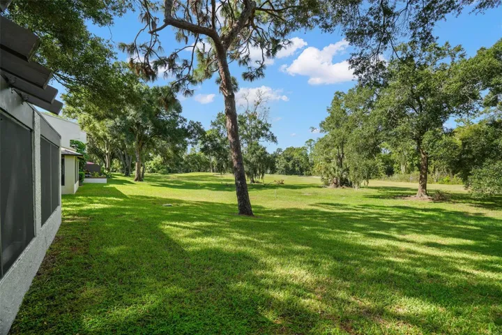 A broad stretch of lawn, mature trees, and the adjoining golf course create a peaceful green setting behind the villa-style condos. The open landscape adds breathing room and a sense of privacy that’s hard to find in a typical condo community.