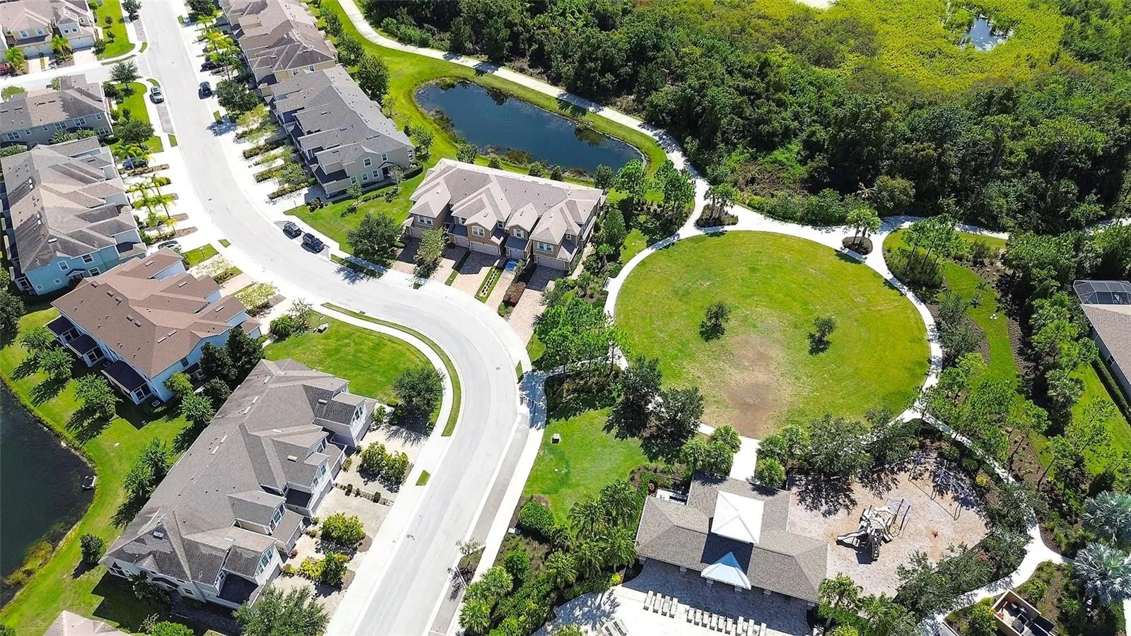 Aerial view of open space near townhome