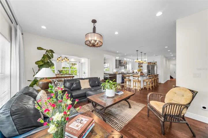 The open-concept design seamlessly connects the family room, kitchen and dining areas.