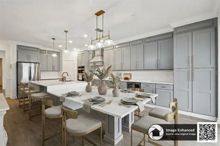 Virtually staged kitchen island with custom high and low seating