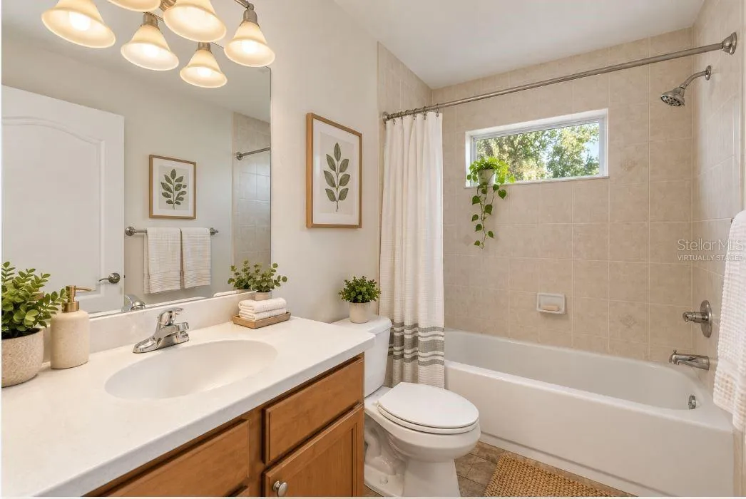 Virtually staged guest bathroom.