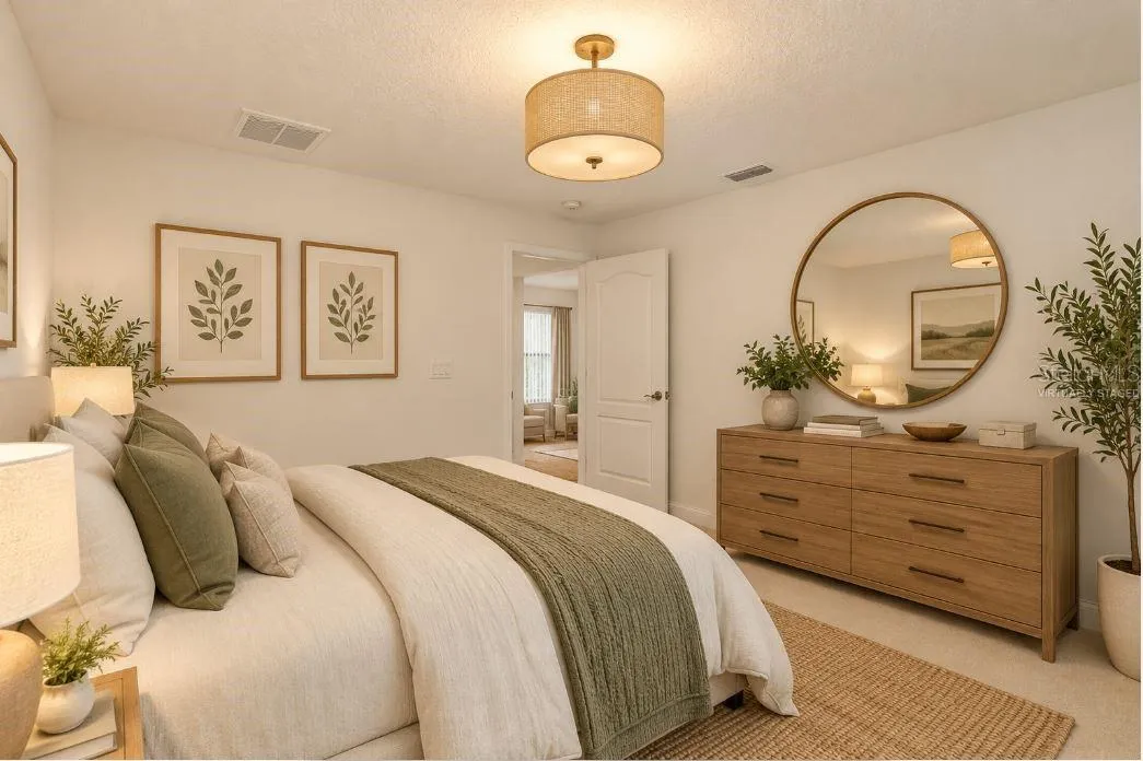 Virtually staged guest bedroom.