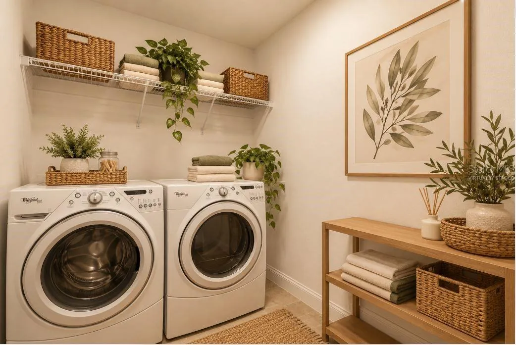 Virtually staged laundry room.