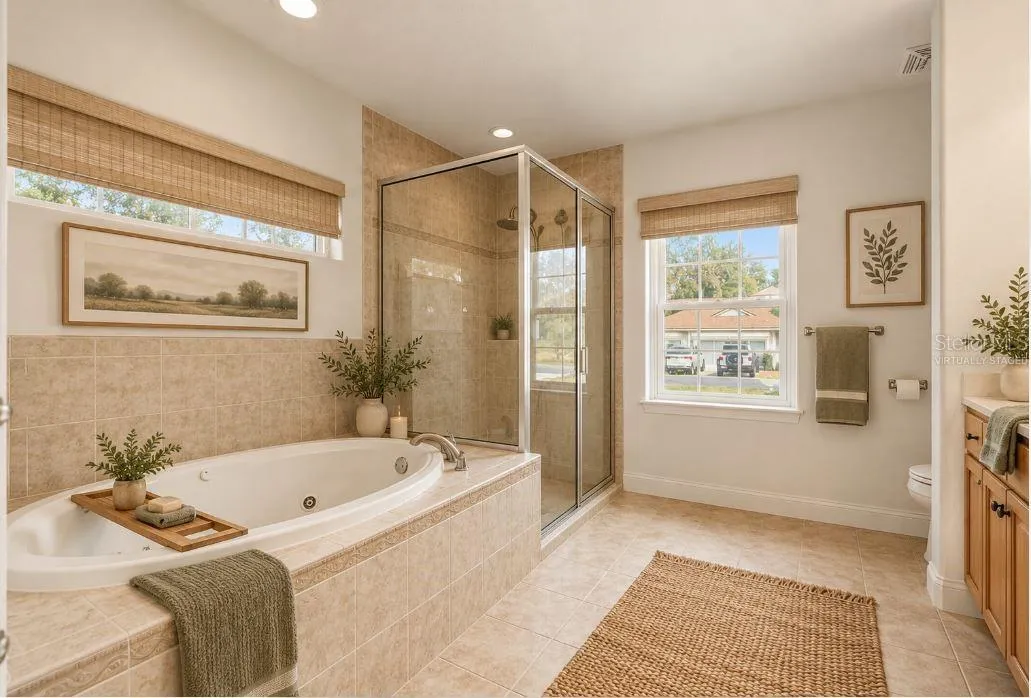 Virtually staged master bathroom.