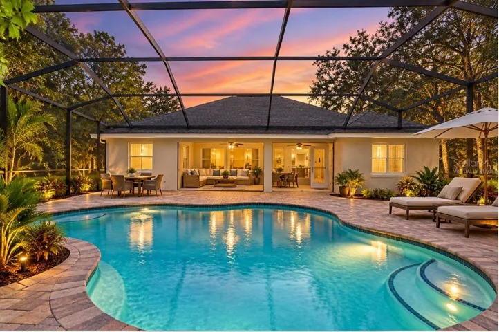 Virtually staged lanai and pool.