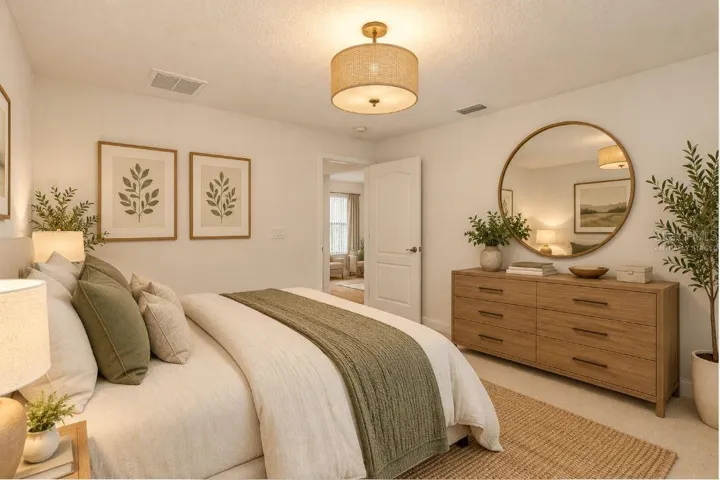 Virtually staged guest bedroom.