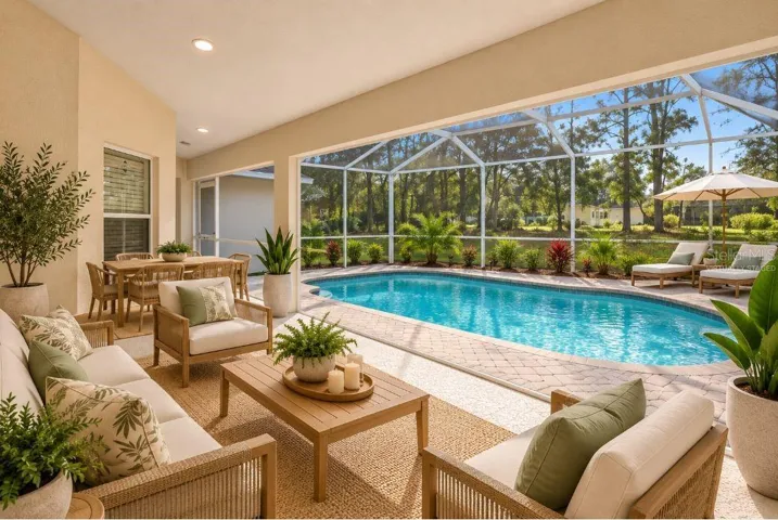 Virtually staged lanai with pool.