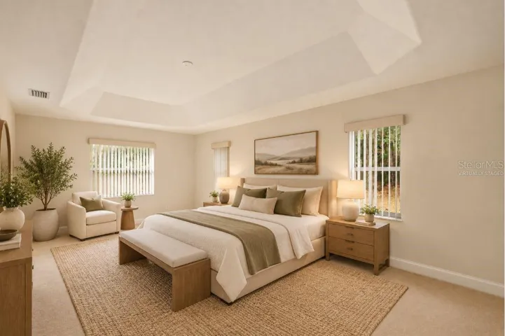 Virtually staged master bedroom.