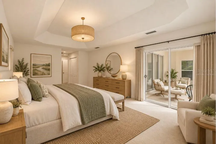 Virtually staged master bedroom.