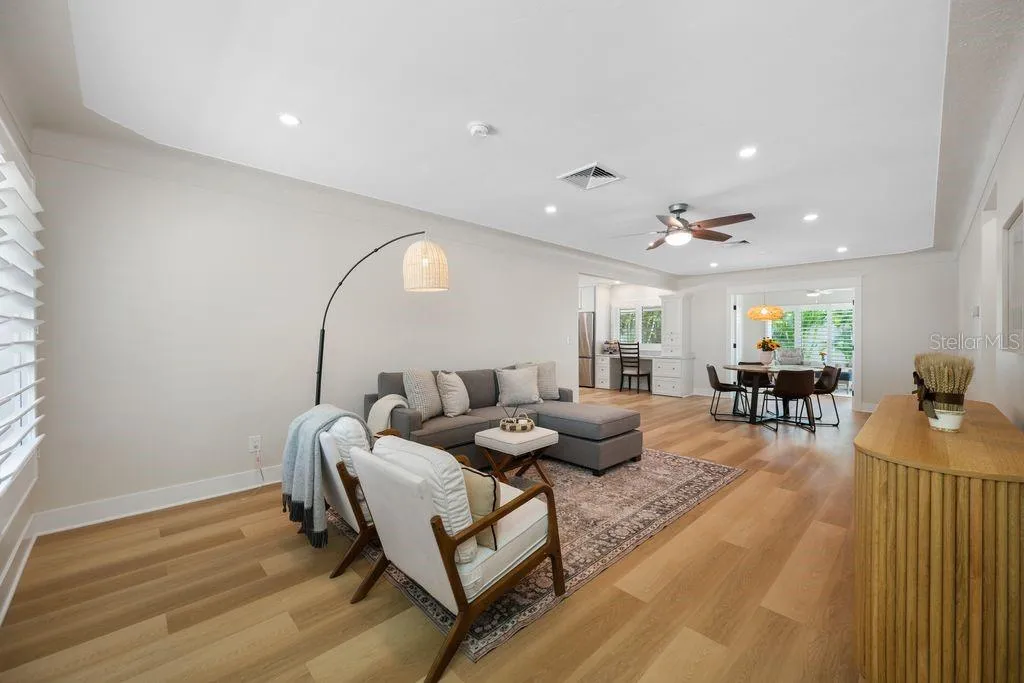 View from front door into living room and dining room