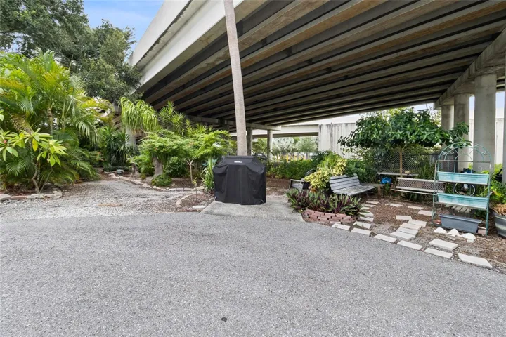 Grilling area and resident tended community garden