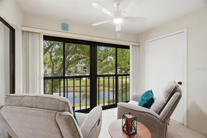 Balcony overlooking pond