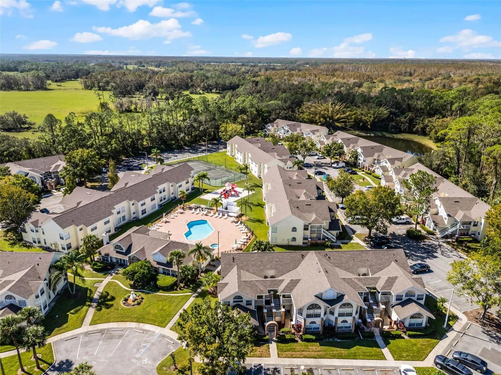 Community Grounds Aerial: High-angle drone perspective emphasizing the expansive community layout, amenity center, and tree-lined perimeter.