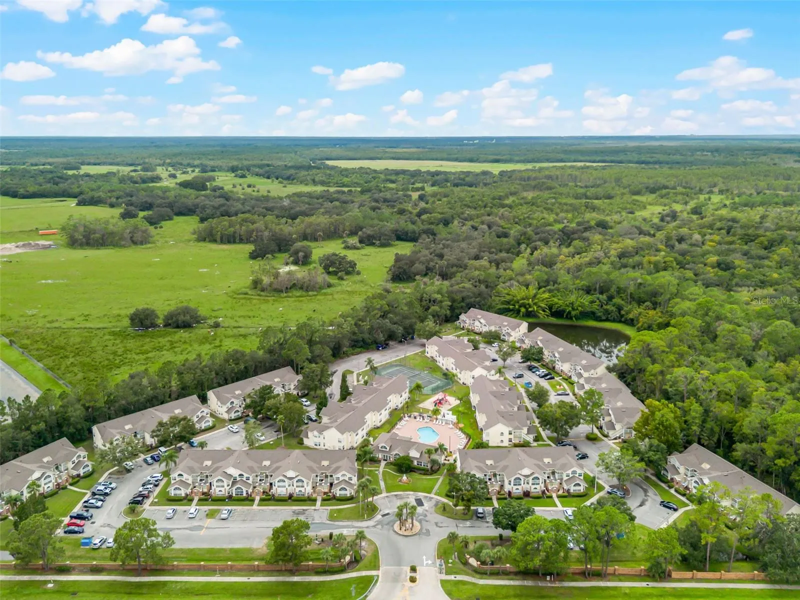 Wide Regional Aerial View: Panoramic high-altitude aerial perspective displaying the entire community layout, lush conservation borders, retention pond, and scenic green horizon.