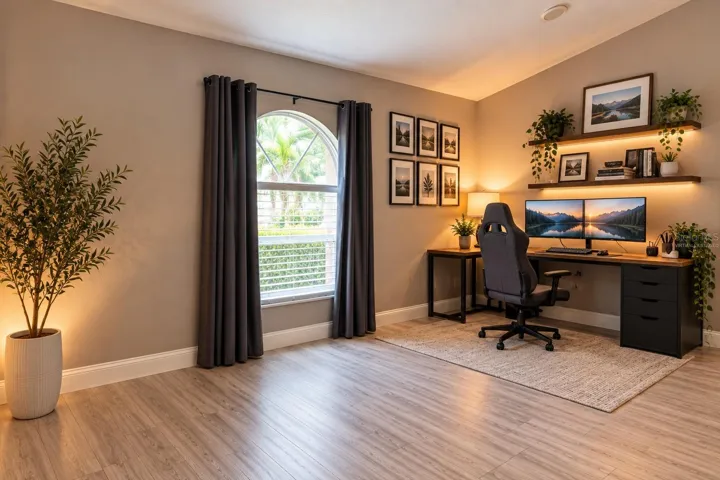 Virtually staged desk area at front of great room.