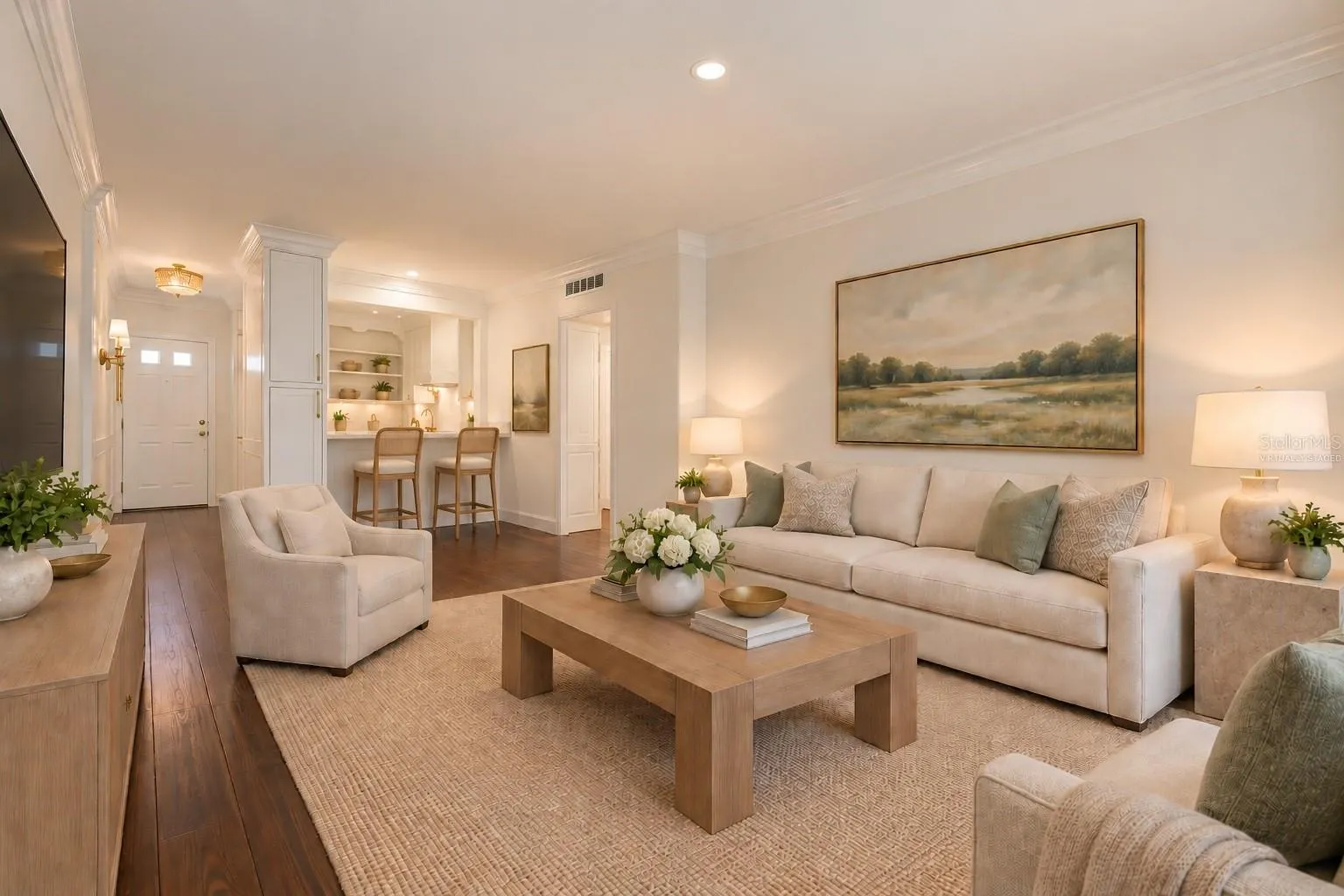 Living room into kitchen *virtually staged