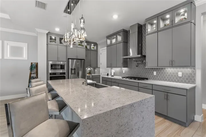 Gorgeous chef kitchen with updated lighting