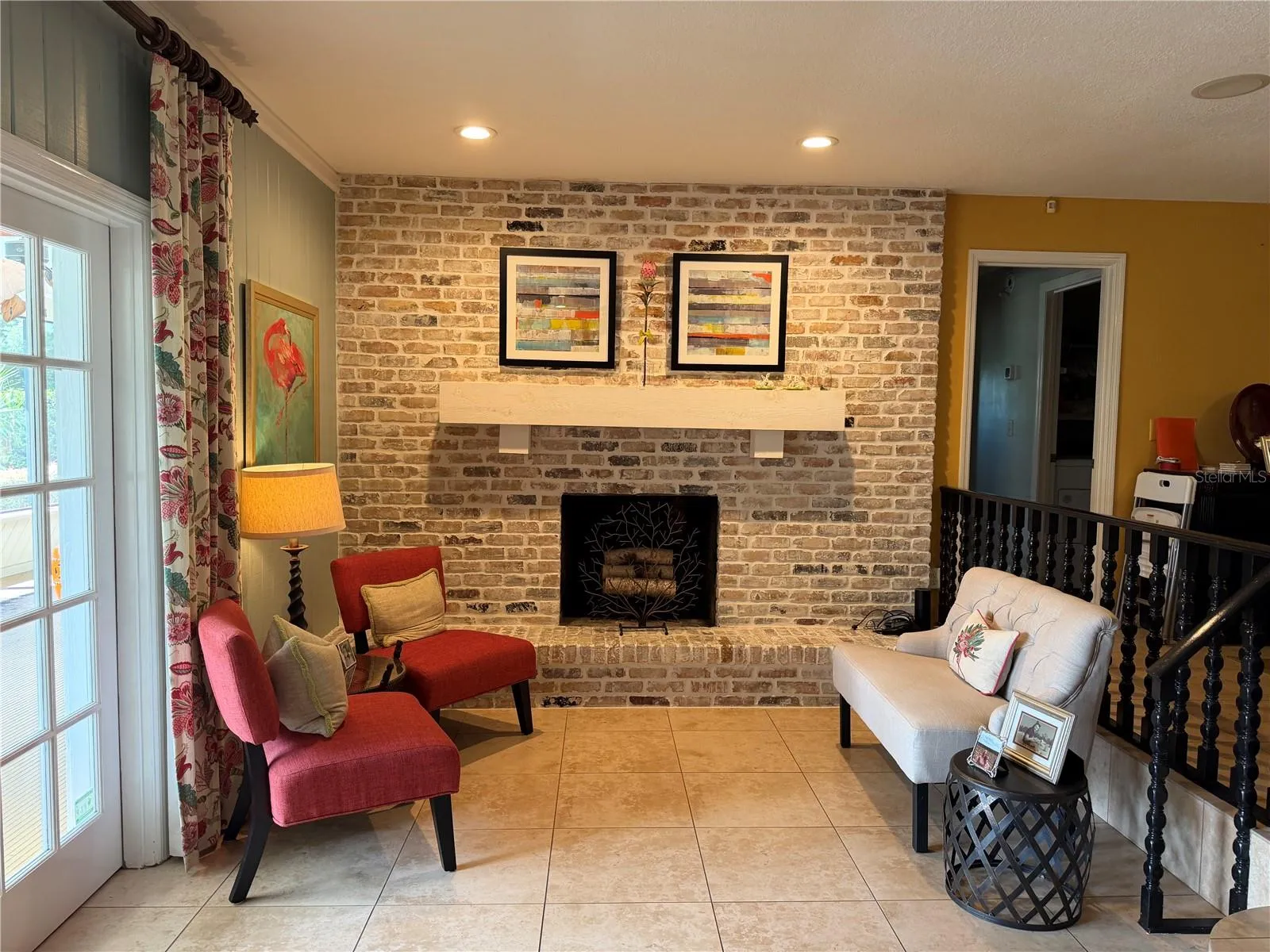 Brick fireplace in family room