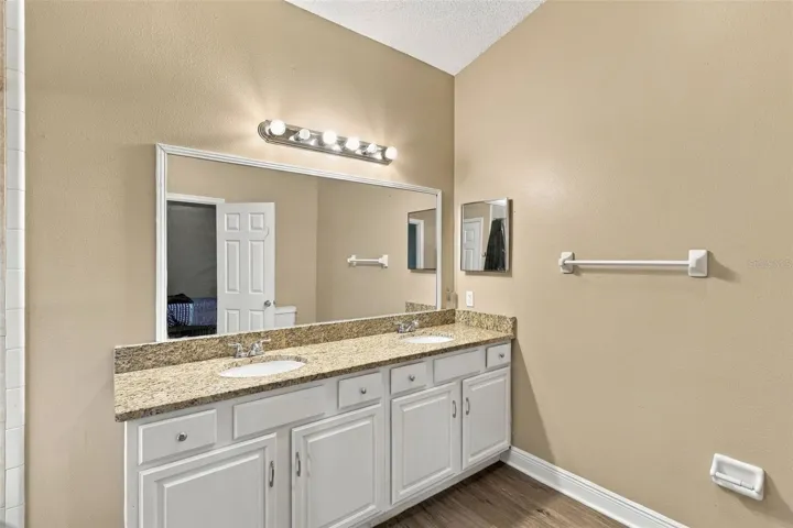 Primary bathroom, double sink vanity, stone countertop and large soaking tub and shower combo.
