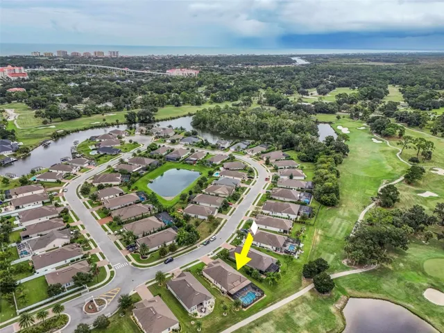Aerial view facing east to European Village, the Atlantic Ocean and Hammock Beach