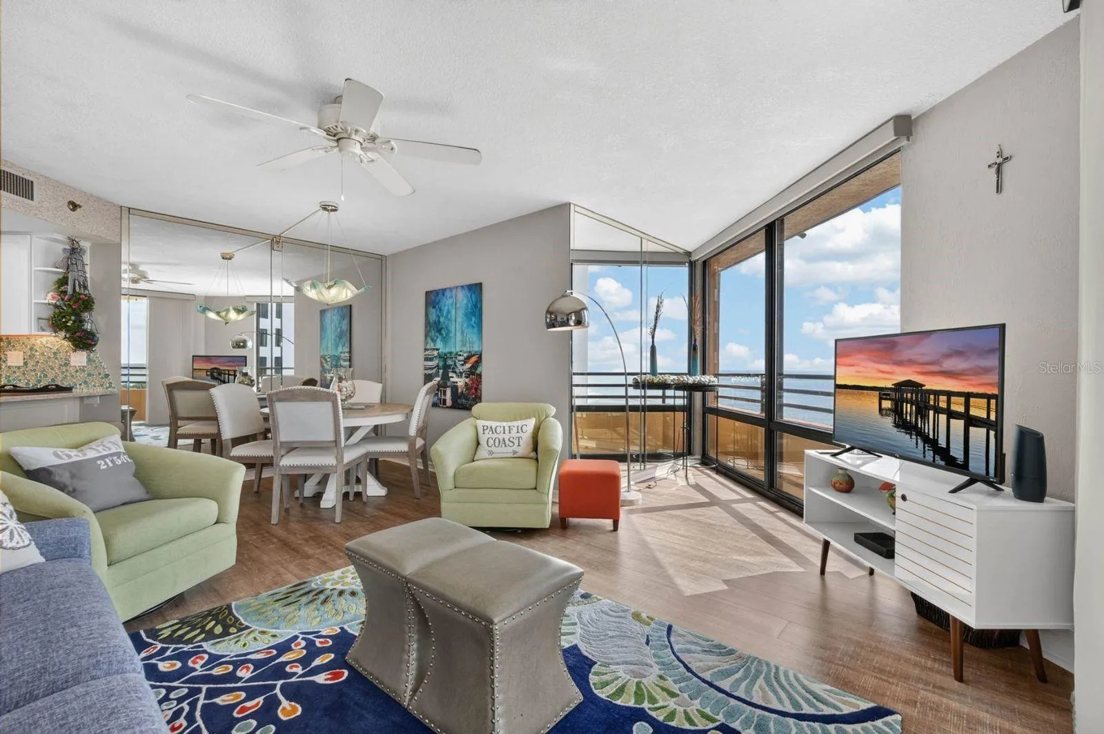 Living room facing dining room and ocean view