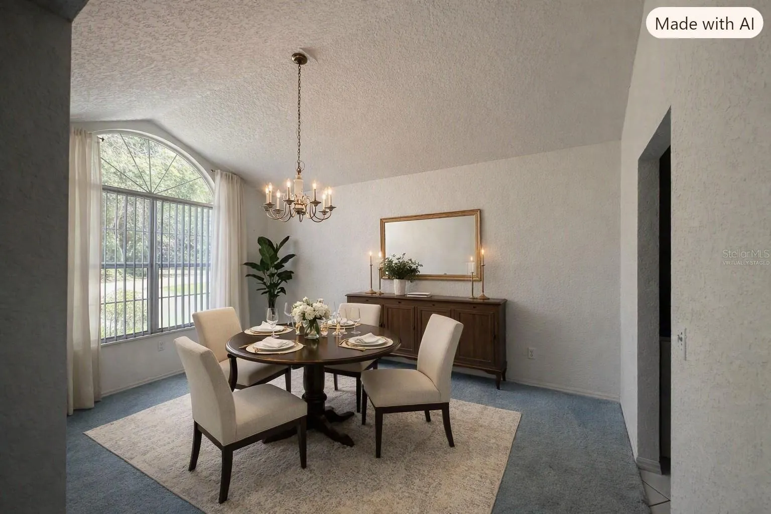 Virtually Staged-Dining Room with vaulted ceiling