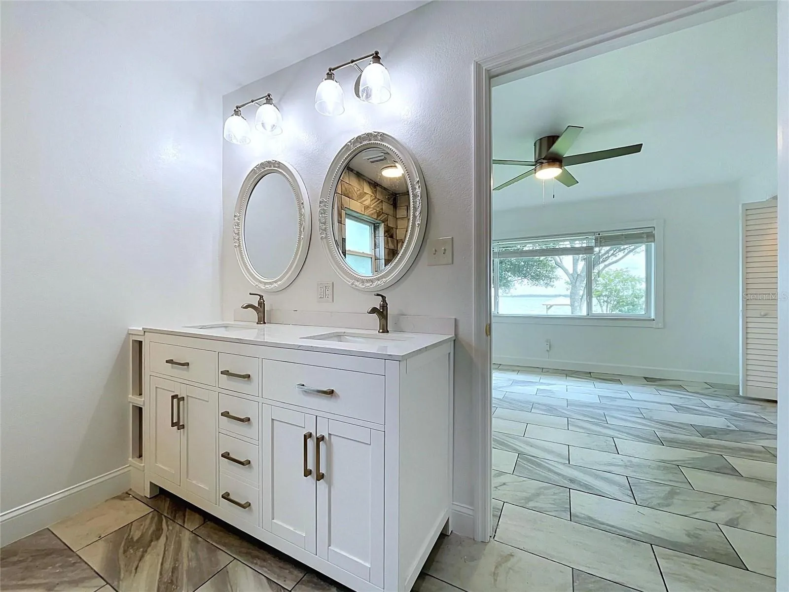Bathroom 1 vanity and adjoining shower