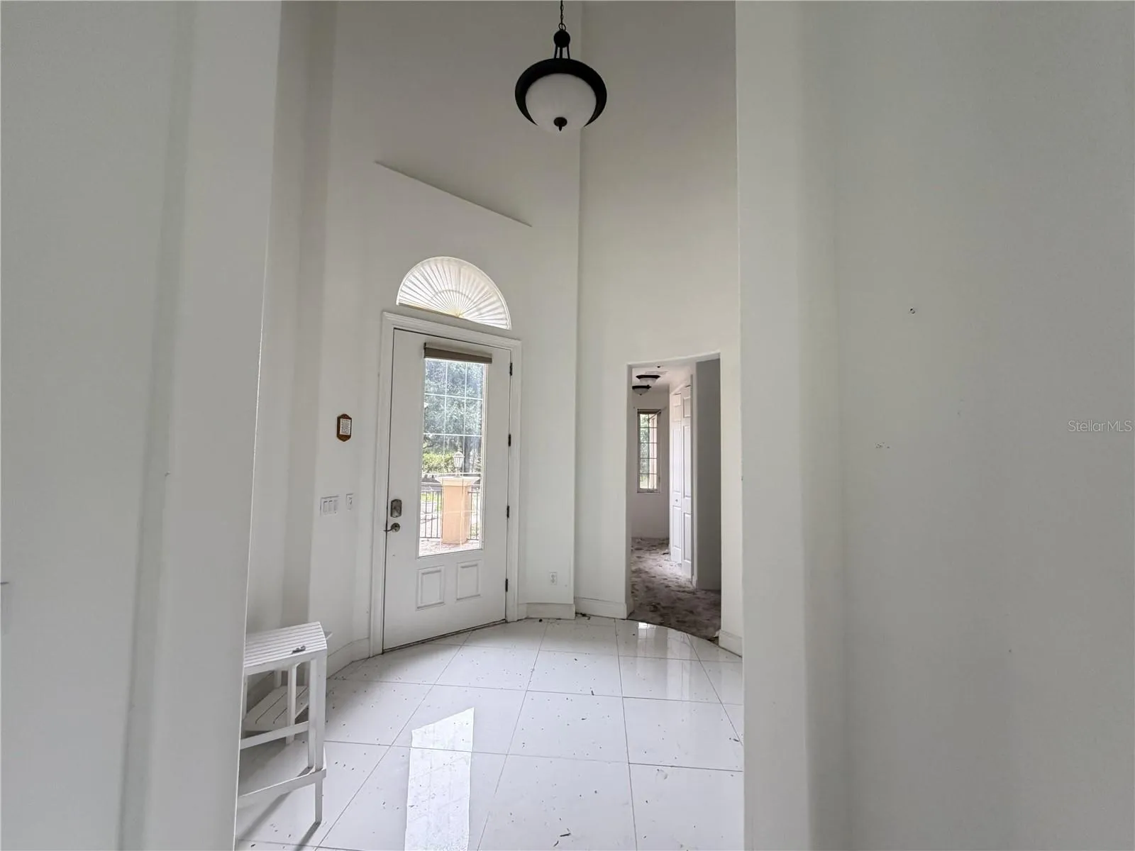 Entry foyer with high ceiling and glass-paneled front door.