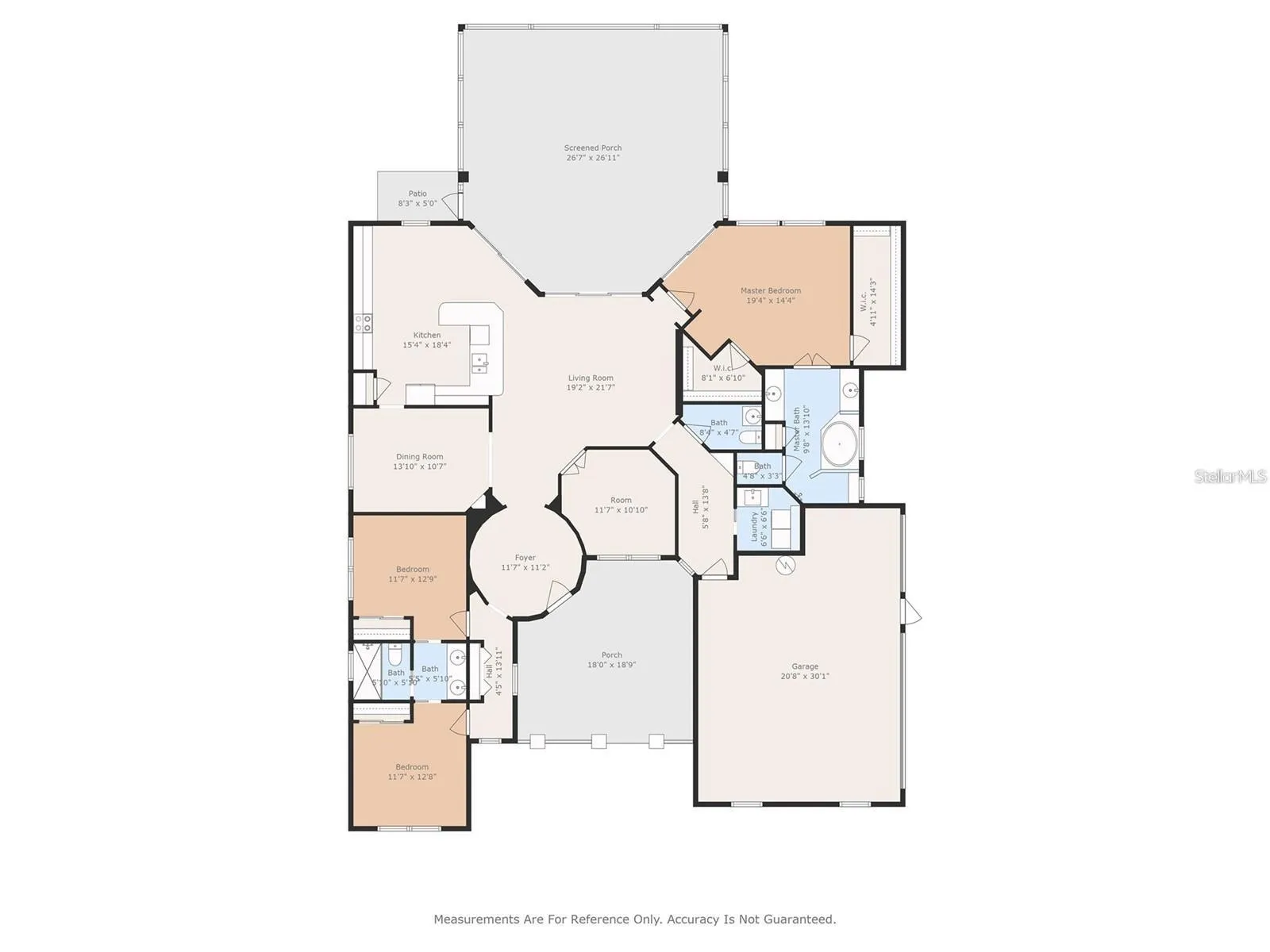 Single-story split-bedroom layout with office, courtyard, attached garage, and screened lanai. Approximate measurements.