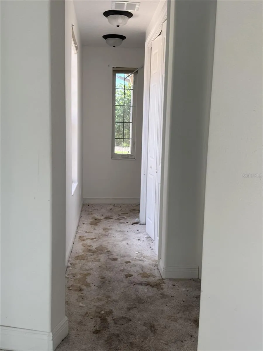Hallway serving secondary bedrooms and bathroom; extensive carpet staining.