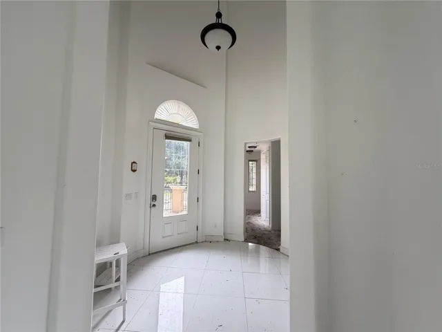Entry foyer with high ceiling and glass-paneled front door.