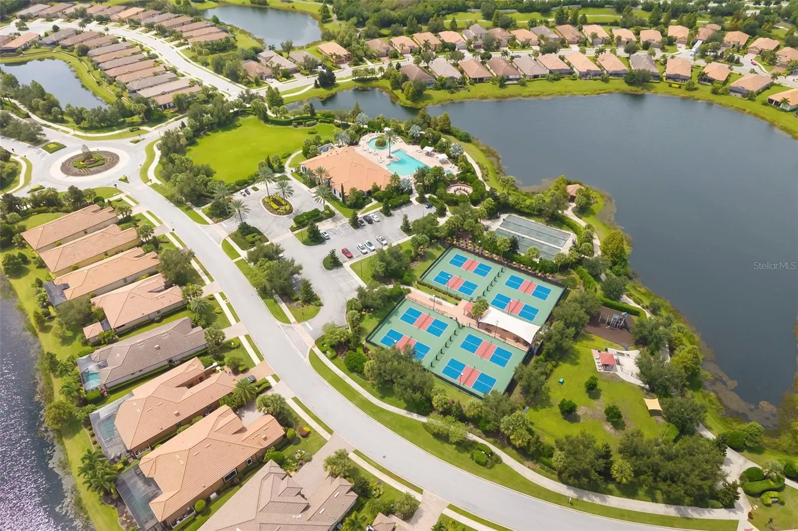 Aerial view of the Amenity Center and pickelball courts