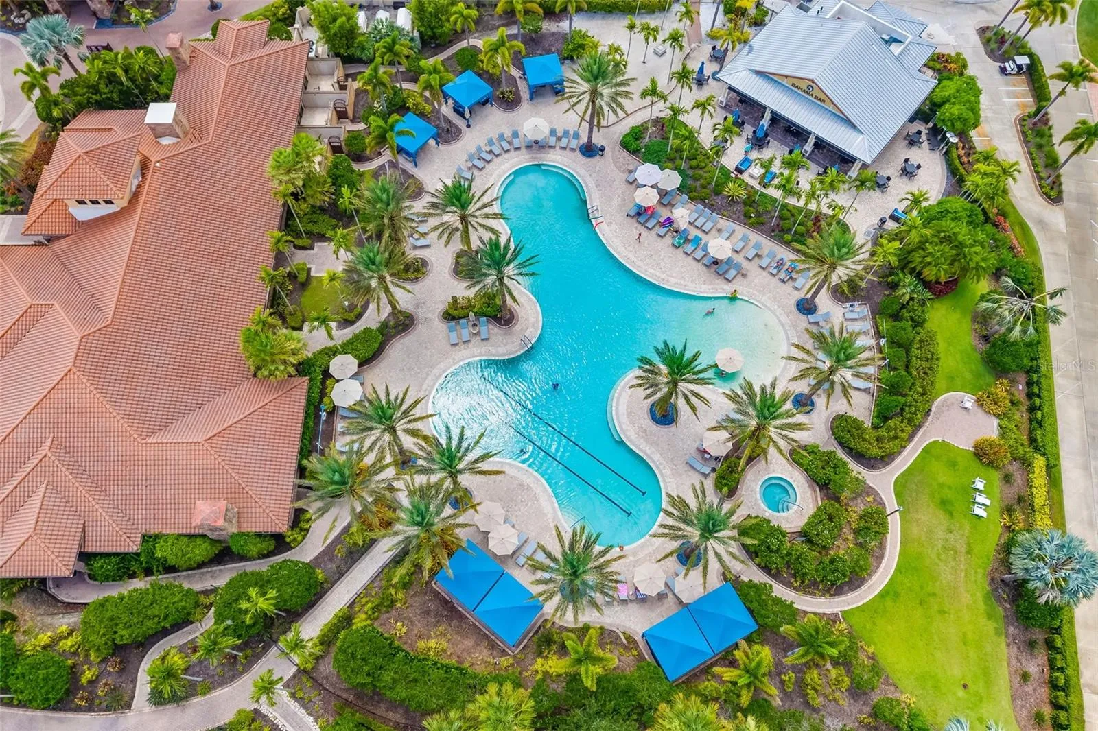 Aerial view of the Wellness Center, pool and the Bahama Bar