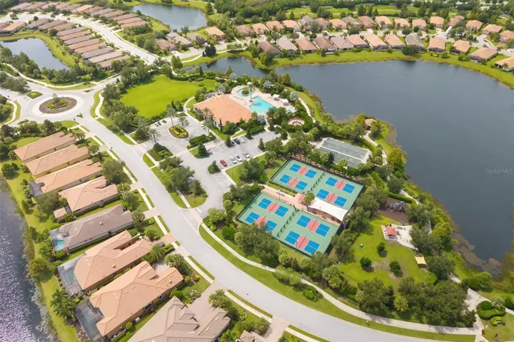 Aerial view of the Amenity Center and pickelball courts