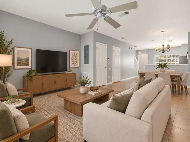 Family room overlooking the dining room and the kitchen