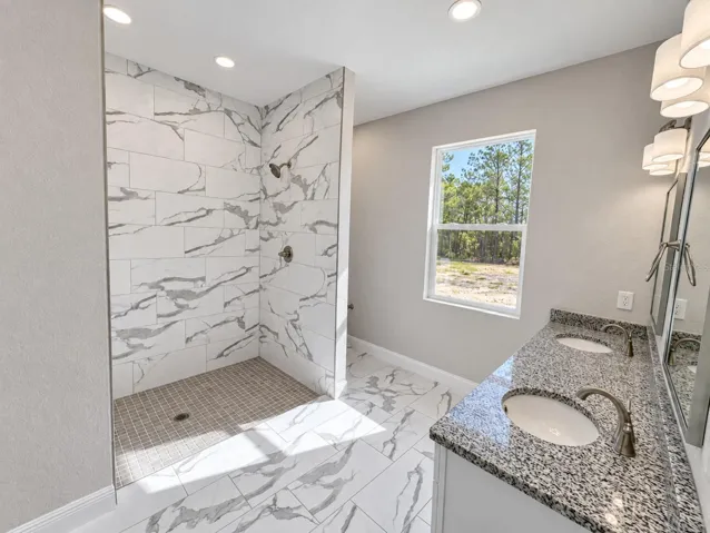 Owner's suite bathroom large walk-in tiled shower dual sinks model