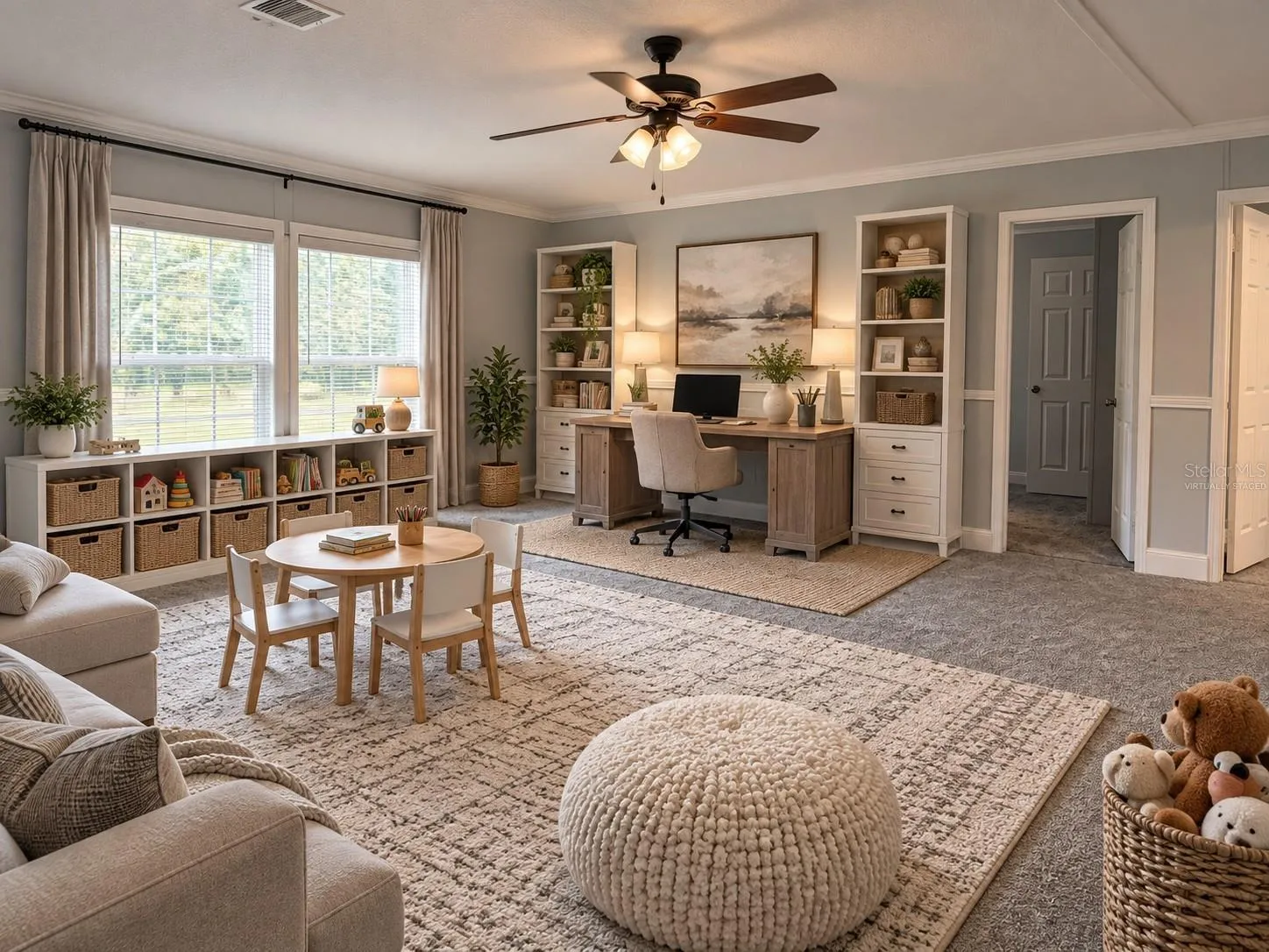 Virtually staged great room home office playroom