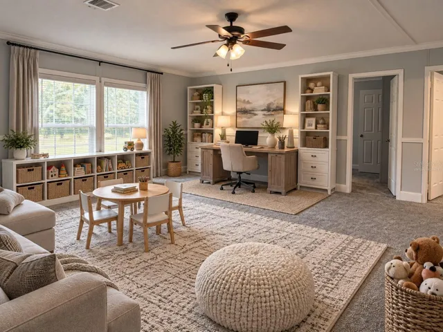 Virtually staged great room home office playroom