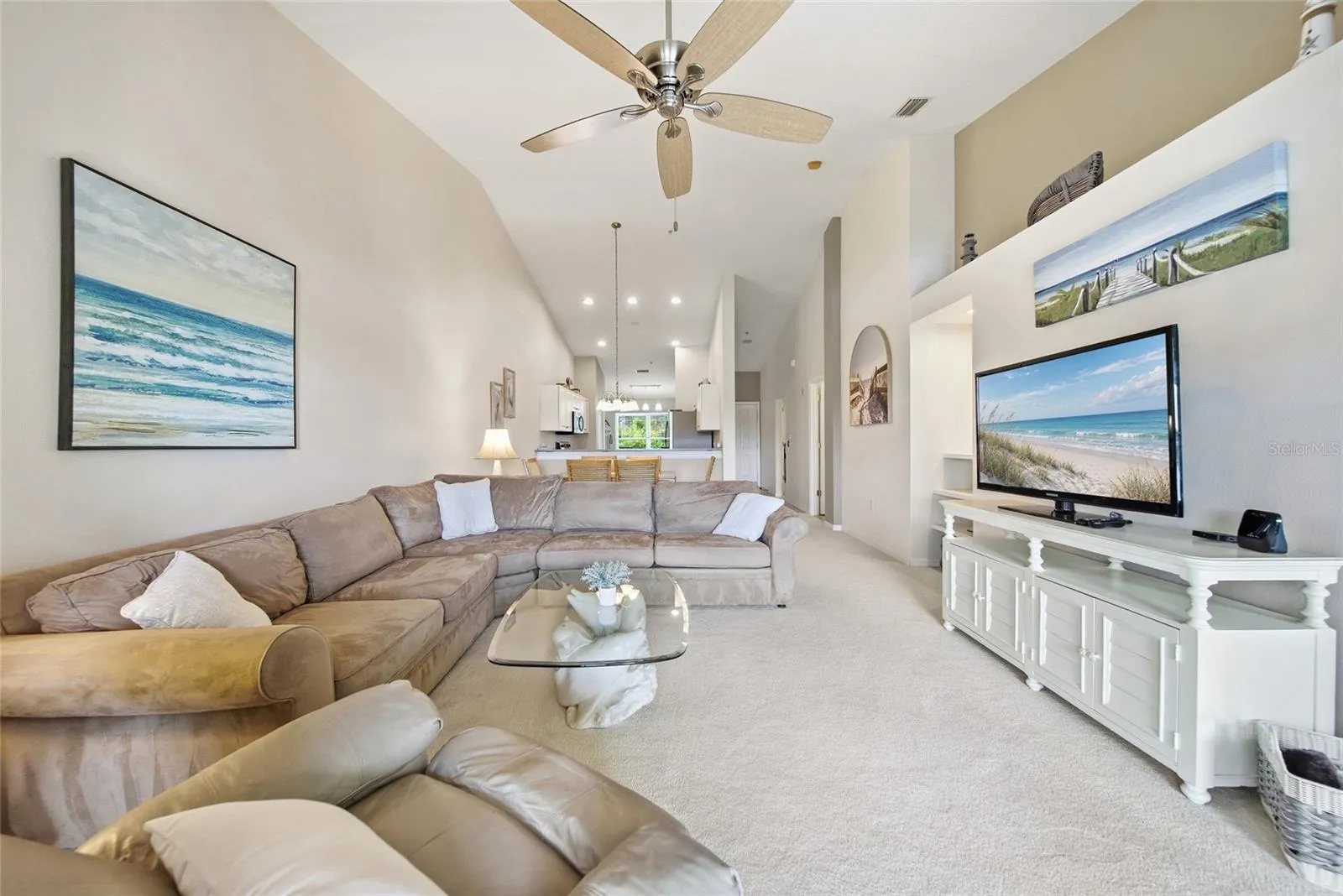 Living area with vaulted ceilings