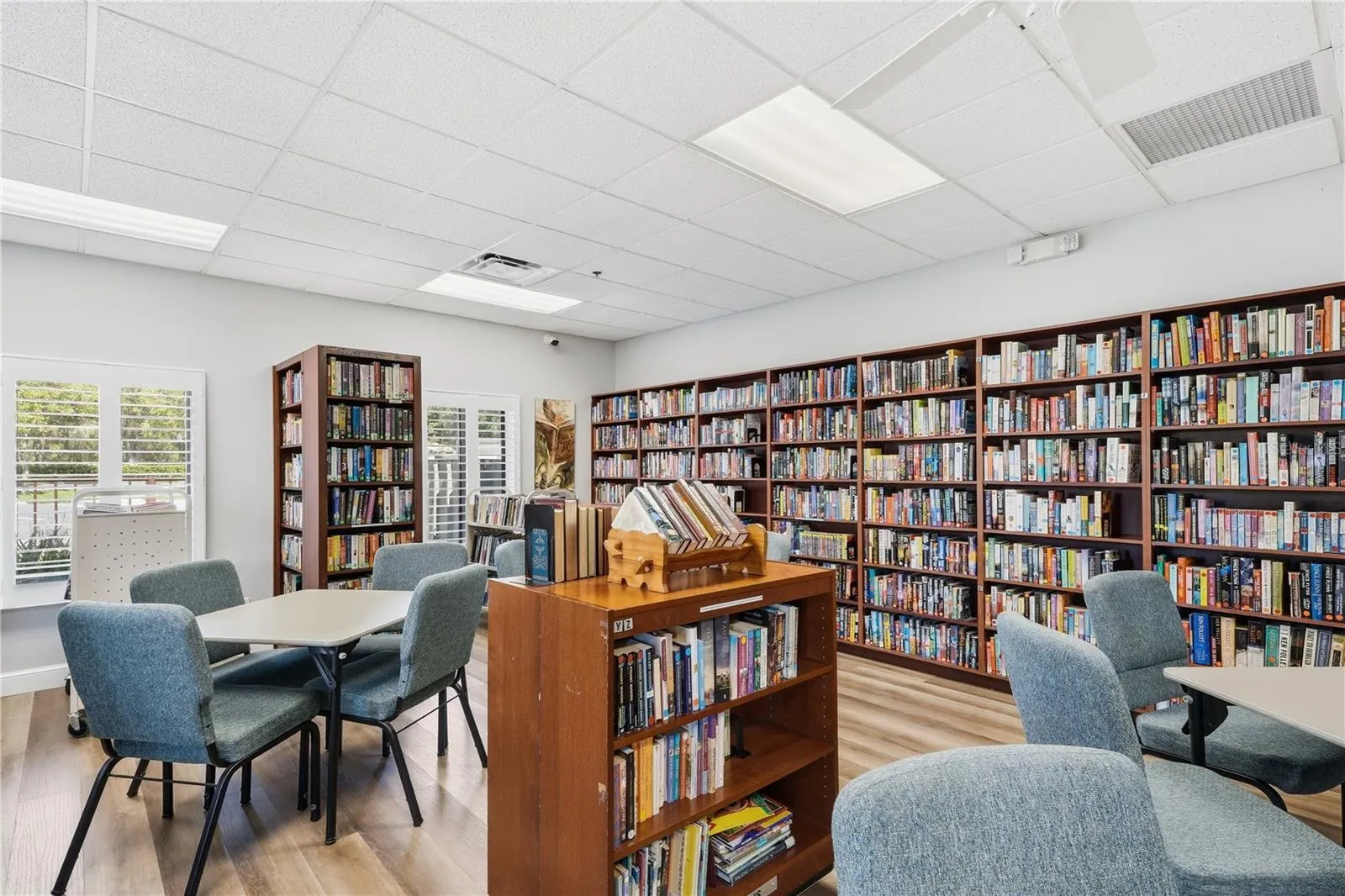 The well-stocked LIBRARY at the Rec Center has a wide variety of books.