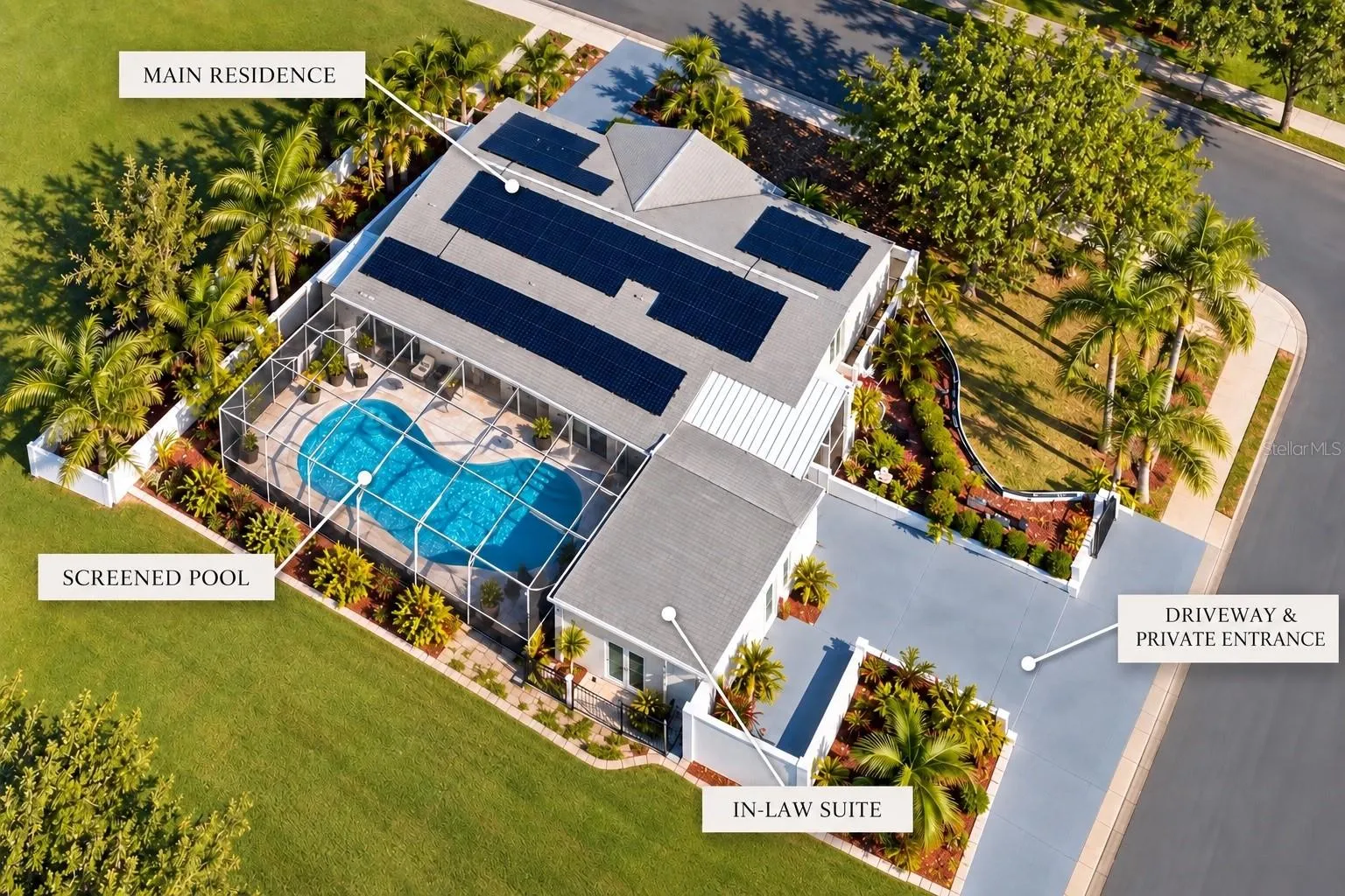 3D aerial rendering illustrating the property layout, corner lot, screened pool, main residence, and private in-law suite. For lllustrative purposes only