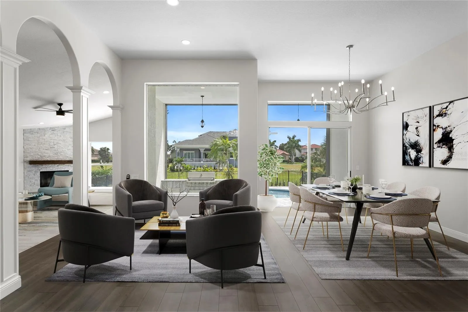 Virtually staged living and dining areas.